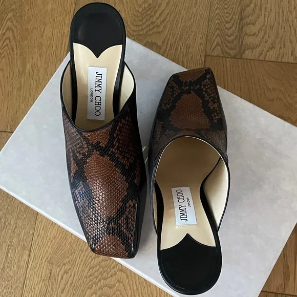 Jimmy Choo Marcel 85mm Snake Effect Leather Square-Toe Mules (Black Tan) - Picture 7 of 15